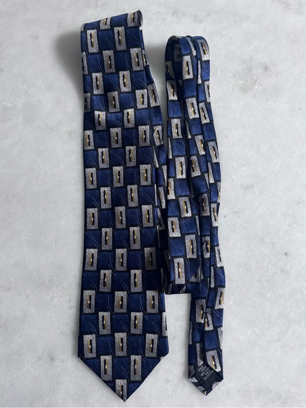 Vintage Puritan Navy and Gold Geometric 100% Silk Tie